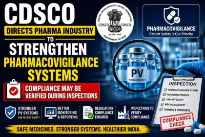 Alternative Text: Title: Caption: Description: File name: Professional pharmaceutical regulatory news thumbnail featuring CDSCO directing the pharma industry to strengthen pharmacovigilance systems. The design includes CDSCO branding, pharmacovigilance symbols, inspection checklists, medicine vials, compliance verification graphics, and bold text highlighting regulatory inspections and patient safety.
