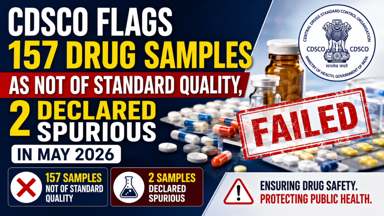 YouTube thumbnail highlighting CDSCO's May 2026 drug quality alert, showing 157 drug samples declared Not of Standard Quality (NSQ), 2 spurious drug samples, CDSCO logo, medicine tablets, capsules, and a prominent “FAILED” stamp.