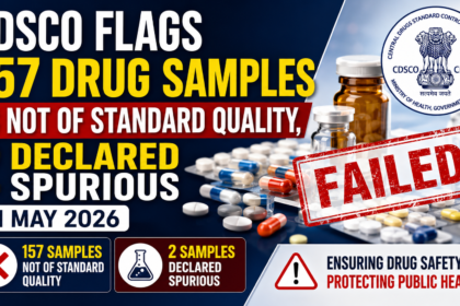 YouTube thumbnail highlighting CDSCO's May 2026 drug quality alert, showing 157 drug samples declared Not of Standard Quality (NSQ), 2 spurious drug samples, CDSCO logo, medicine tablets, capsules, and a prominent “FAILED” stamp.