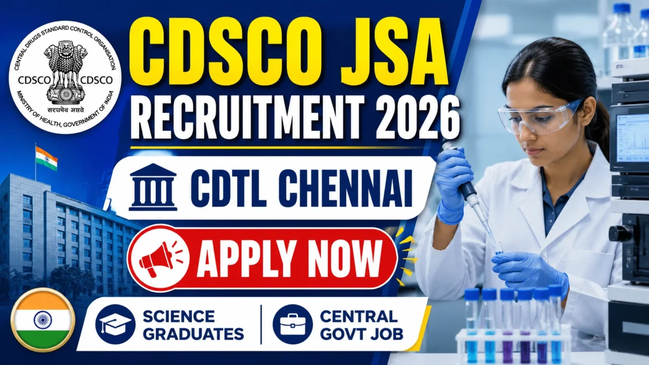 CDSCO Junior Scientific Assistant Recruitment 2026 thumbnail featuring a laboratory scientist conducting research, CDSCO logo, CDTL Chennai, and an Apply Now banner for a Central Government job opportunity.
