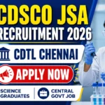 CDSCO Junior Scientific Assistant Recruitment 2026 thumbnail featuring a laboratory scientist conducting research, CDSCO logo, CDTL Chennai, and an Apply Now banner for a Central Government job opportunity.