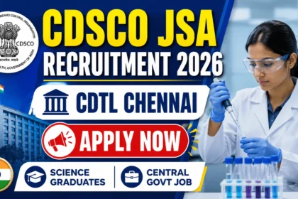 CDSCO Junior Scientific Assistant Recruitment 2026 thumbnail featuring a laboratory scientist conducting research, CDSCO logo, CDTL Chennai, and an Apply Now banner for a Central Government job opportunity.