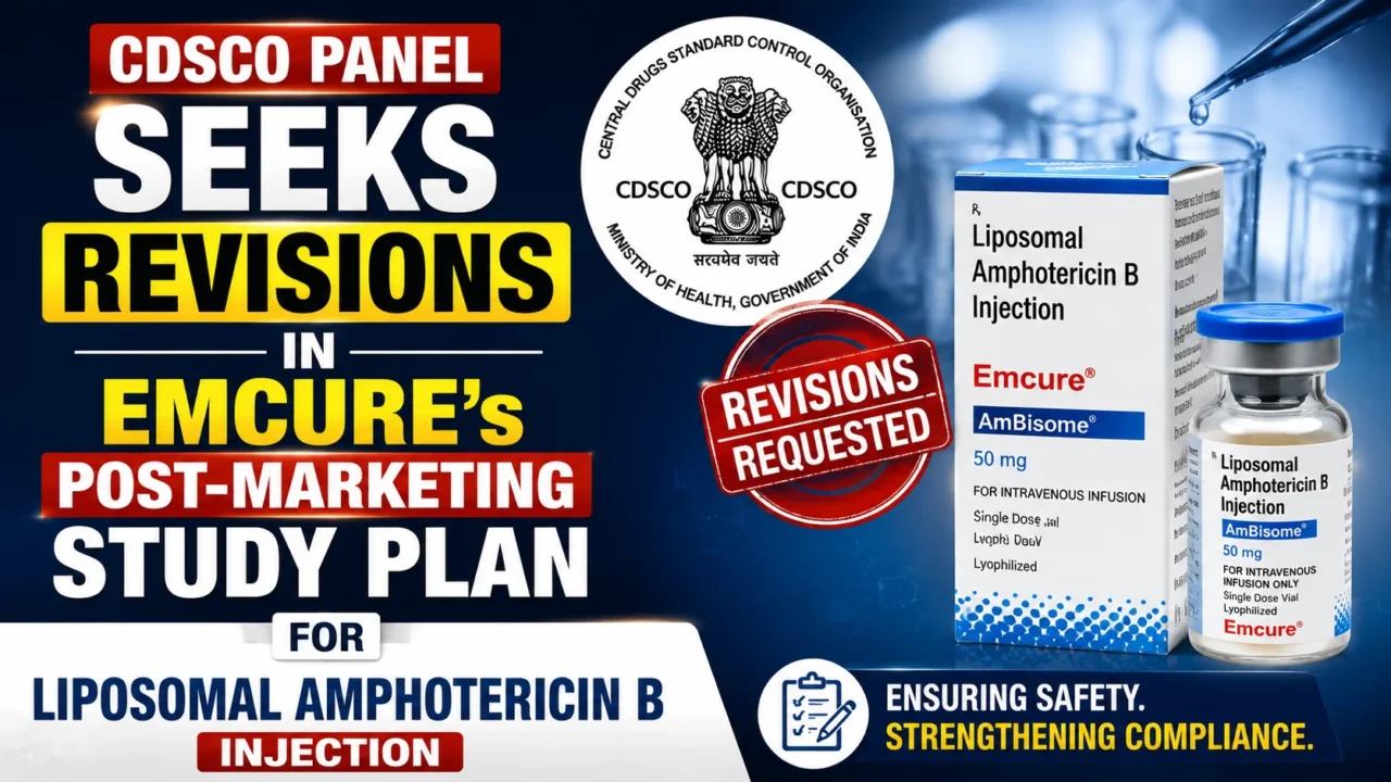 YouTube thumbnail featuring CDSCO panel review of Emcure’s post-marketing study plan for Liposomal Amphotericin B Injection, with regulatory approval graphics, medicine vial, and compliance-focused visual elements.