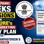 YouTube thumbnail featuring CDSCO panel review of Emcure’s post-marketing study plan for Liposomal Amphotericin B Injection, with regulatory approval graphics, medicine vial, and compliance-focused visual elements.