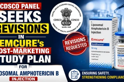 YouTube thumbnail featuring CDSCO panel review of Emcure’s post-marketing study plan for Liposomal Amphotericin B Injection, with regulatory approval graphics, medicine vial, and compliance-focused visual elements.