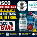 News-style thumbnail showing CDSCO seeking additional data before approving Bharat Biotech’s Phase III trial for the TB vaccine MTBVAC. The design features CDSCO and Bharat Biotech logos, a vaccine vial labeled MTBVAC, laboratory visuals, regulatory review elements, and bold text emphasizing the approval delay.
