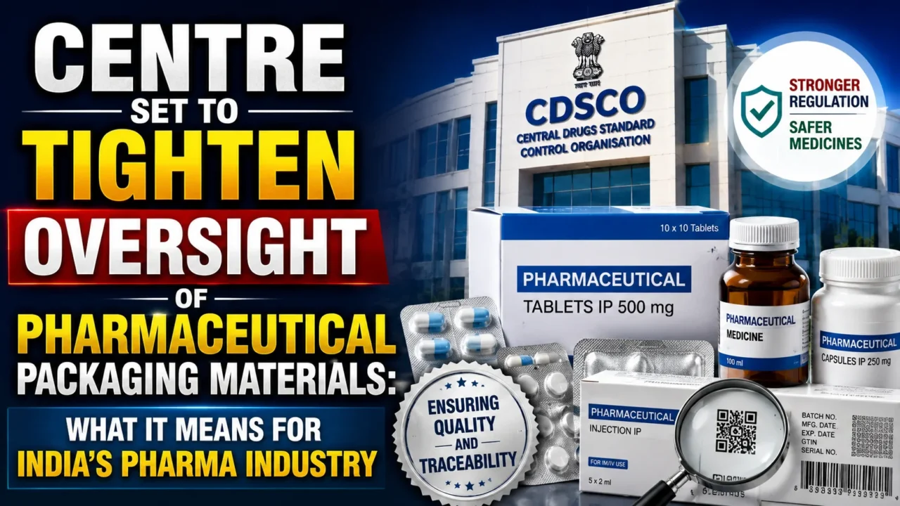 YouTube thumbnail highlighting the Government of India's move to strengthen CDSCO oversight of pharmaceutical packaging materials, featuring medicine packaging, QR code labels, pharmaceutical products, and a regulatory authority building.