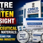 YouTube thumbnail highlighting the Government of India's move to strengthen CDSCO oversight of pharmaceutical packaging materials, featuring medicine packaging, QR code labels, pharmaceutical products, and a regulatory authority building.