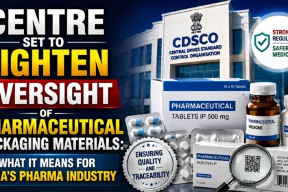 YouTube thumbnail highlighting the Government of India's move to strengthen CDSCO oversight of pharmaceutical packaging materials, featuring medicine packaging, QR code labels, pharmaceutical products, and a regulatory authority building.