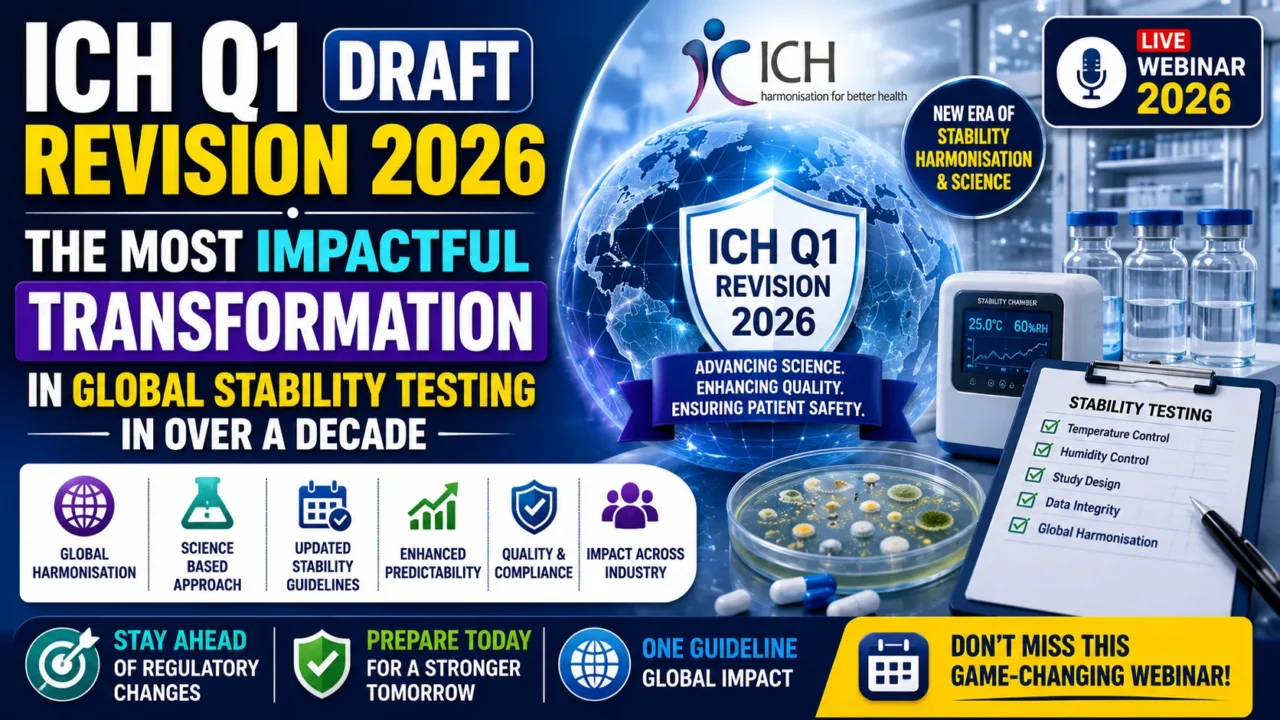 Professional pharmaceutical webinar thumbnail highlighting the ICH Q1 Draft Revision 2026, global stability testing updates, regulatory harmonization, data integrity, quality compliance, and future stability guidelines for the pharmaceutical industry.