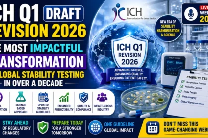 Professional pharmaceutical webinar thumbnail highlighting the ICH Q1 Draft Revision 2026, global stability testing updates, regulatory harmonization, data integrity, quality compliance, and future stability guidelines for the pharmaceutical industry.