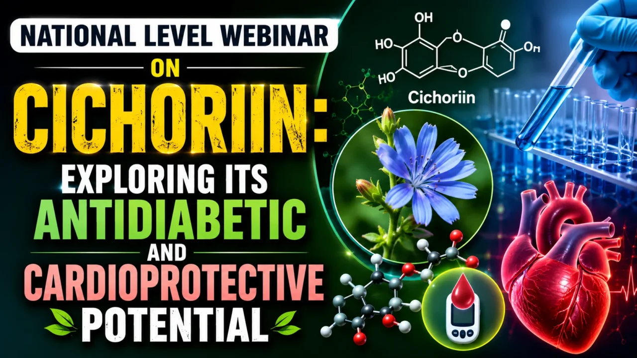YouTube thumbnail for a national-level webinar on Cichoriin, featuring the molecular structure of Cichoriin, laboratory glassware, a medicinal chicory flower, a heart illustration, and graphics representing antidiabetic and cardioprotective research.