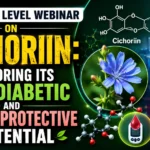 YouTube thumbnail for a national-level webinar on Cichoriin, featuring the molecular structure of Cichoriin, laboratory glassware, a medicinal chicory flower, a heart illustration, and graphics representing antidiabetic and cardioprotective research.