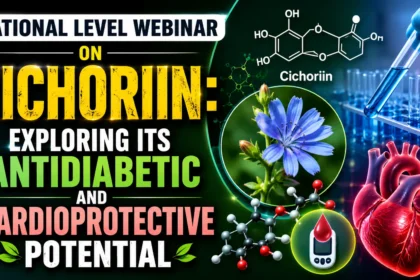 YouTube thumbnail for a national-level webinar on Cichoriin, featuring the molecular structure of Cichoriin, laboratory glassware, a medicinal chicory flower, a heart illustration, and graphics representing antidiabetic and cardioprotective research.