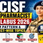 Educational thumbnail for CISF ASI Pharmacist Syllabus 2026 featuring a CISF officer in uniform, pharmacy background, and bold text highlighting syllabus, exam pattern, and subject-wise topics.