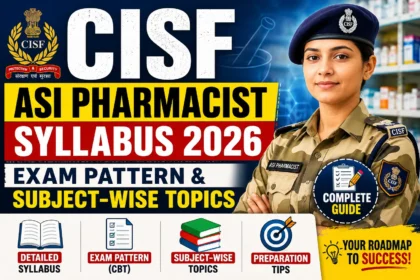 Educational thumbnail for CISF ASI Pharmacist Syllabus 2026 featuring a CISF officer in uniform, pharmacy background, and bold text highlighting syllabus, exam pattern, and subject-wise topics.