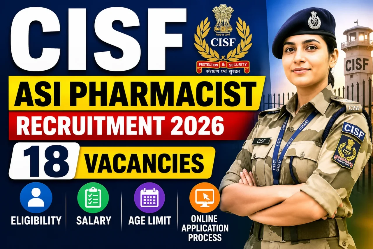 CISF ASI Pharmacist Recruitment 2026 thumbnail featuring a CISF officer, recruitment banner, and highlights for 18 vacancies, eligibility, salary, age limit, and online application process.