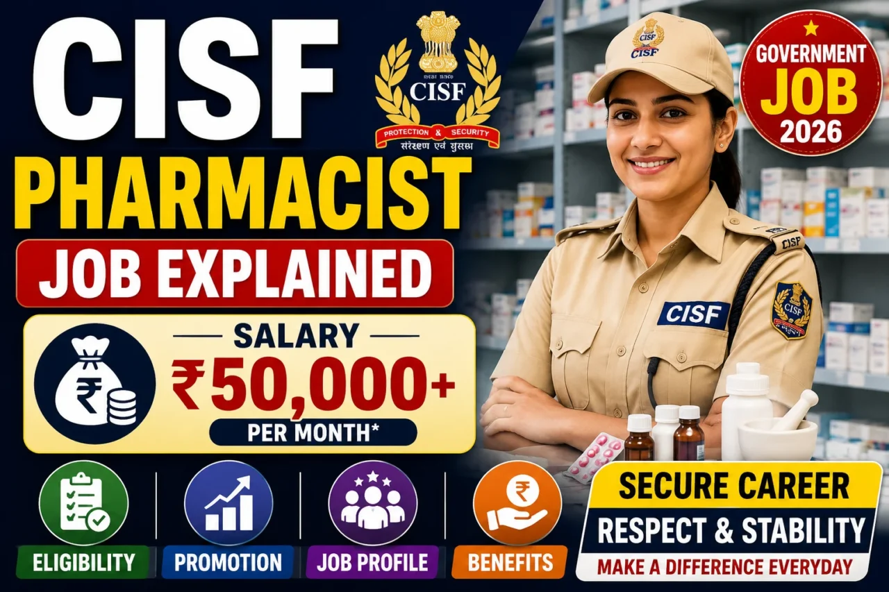 CISF Pharmacist Job 2026 thumbnail featuring a CISF uniformed pharmacist, pharmacy background, salary of ₹50,000+, and key information about eligibility, promotion, benefits, and government job opportunities.