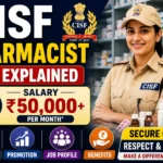 CISF Pharmacist Job 2026 thumbnail featuring a CISF uniformed pharmacist, pharmacy background, salary of ₹50,000+, and key information about eligibility, promotion, benefits, and government job opportunities.