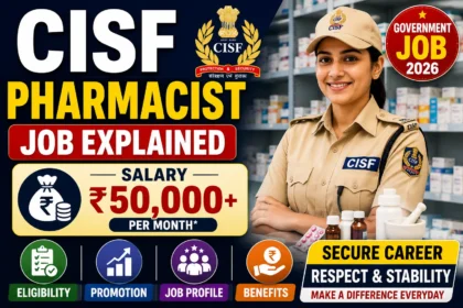 CISF Pharmacist Job 2026 thumbnail featuring a CISF uniformed pharmacist, pharmacy background, salary of ₹50,000+, and key information about eligibility, promotion, benefits, and government job opportunities.