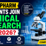 YouTube thumbnail showing a microscope, laboratory glassware, and clinical research symbols with the text "Can D.Pharm Students Join Clinical Research in 2026?" highlighting eligibility, career opportunities, salary, and complete guide for pharmacy students.