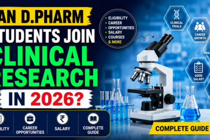 YouTube thumbnail showing a microscope, laboratory glassware, and clinical research symbols with the text "Can D.Pharm Students Join Clinical Research in 2026?" highlighting eligibility, career opportunities, salary, and complete guide for pharmacy students.