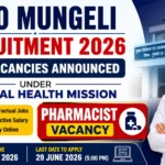 CMHO Mungeli Recruitment 2026 thumbnail featuring a healthcare professional in a white coat, National Health Mission logo, and bold text highlighting 106 vacancies announced under NHM. The design prominently showcases a Pharmacist Vacancy notification, application dates, and recruitment details in a blue, red, and yellow color scheme.