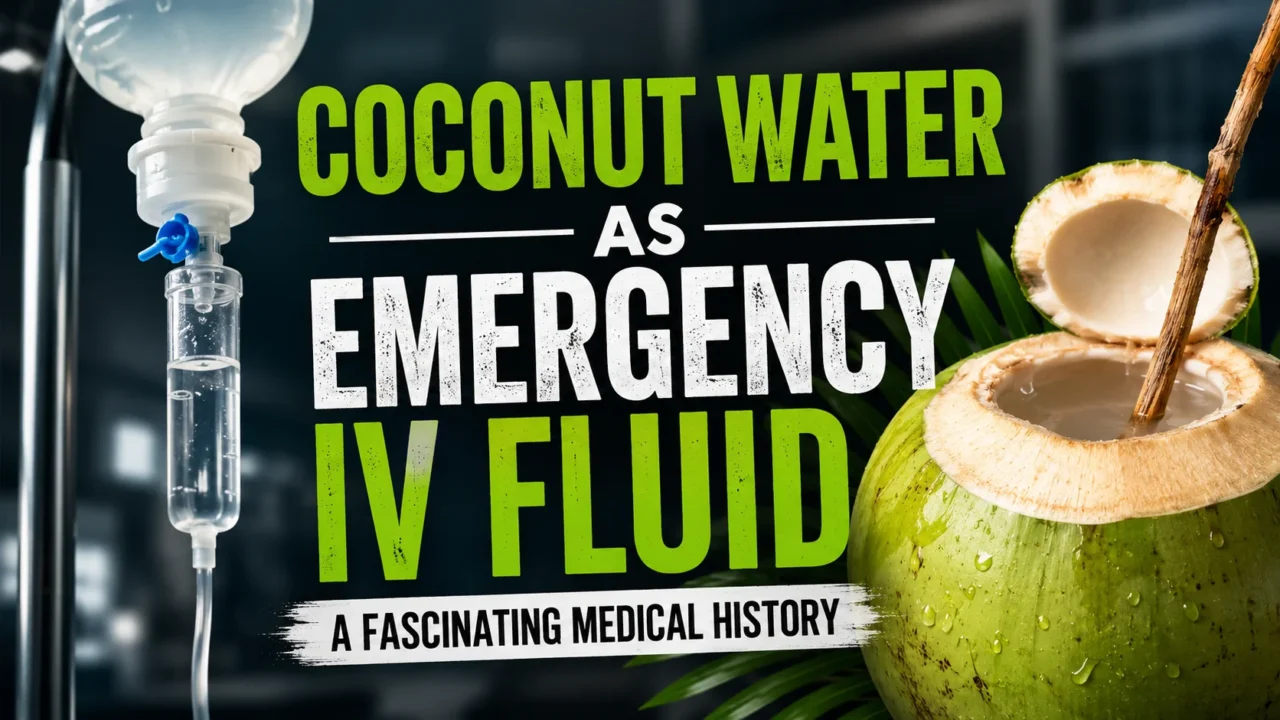 Thumbnail showing an IV drip beside a fresh green coconut, highlighting the historical use of coconut water as an emergency IV fluid. The design features a dark medical background with bold green and white typography.