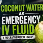 Thumbnail showing an IV drip beside a fresh green coconut, highlighting the historical use of coconut water as an emergency IV fluid. The design features a dark medical background with bold green and white typography.