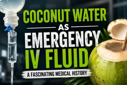 Thumbnail showing an IV drip beside a fresh green coconut, highlighting the historical use of coconut water as an emergency IV fluid. The design features a dark medical background with bold green and white typography.