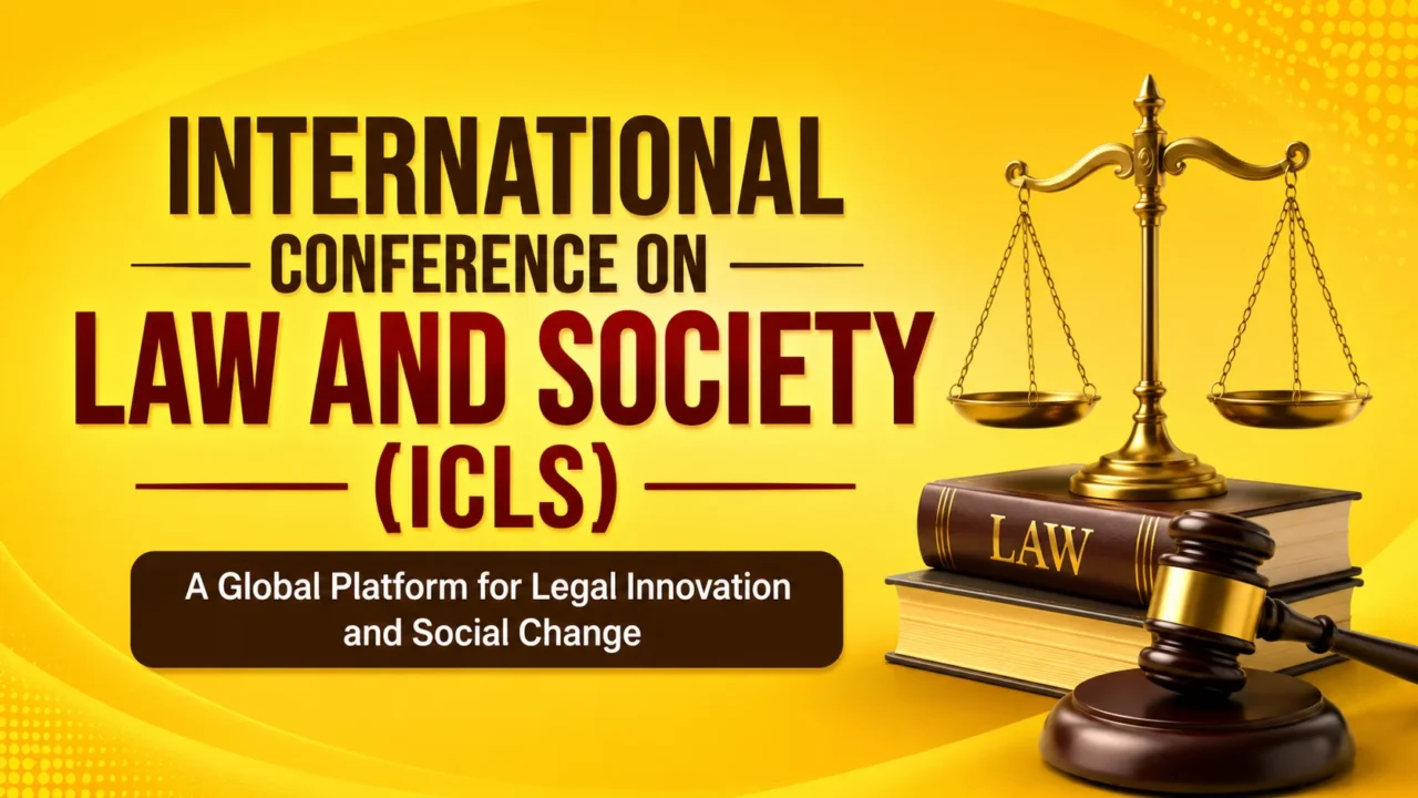 International Conference on Law and Society (ICLS) promotional banner featuring a golden justice scale, law books, and a judge's gavel on a bright yellow background.