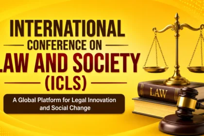 International Conference on Law and Society (ICLS) promotional banner featuring a golden justice scale, law books, and a judge's gavel on a bright yellow background.
