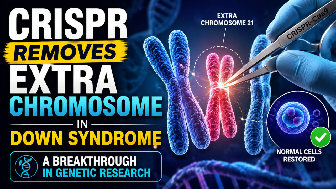 CRISPR gene-editing technology thumbnail showing chromosome 21 removal in Down syndrome, DNA strands, gene-editing tool, and scientific breakthrough concept on a blue futuristic background.