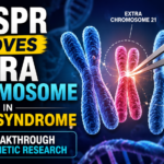 CRISPR gene-editing technology thumbnail showing chromosome 21 removal in Down syndrome, DNA strands, gene-editing tool, and scientific breakthrough concept on a blue futuristic background.