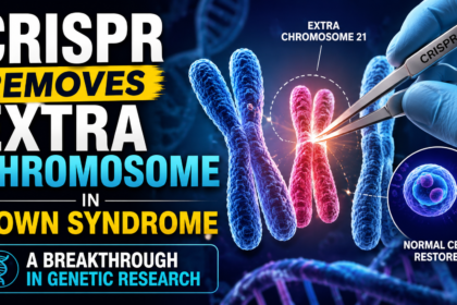 CRISPR gene-editing technology thumbnail showing chromosome 21 removal in Down syndrome, DNA strands, gene-editing tool, and scientific breakthrough concept on a blue futuristic background.