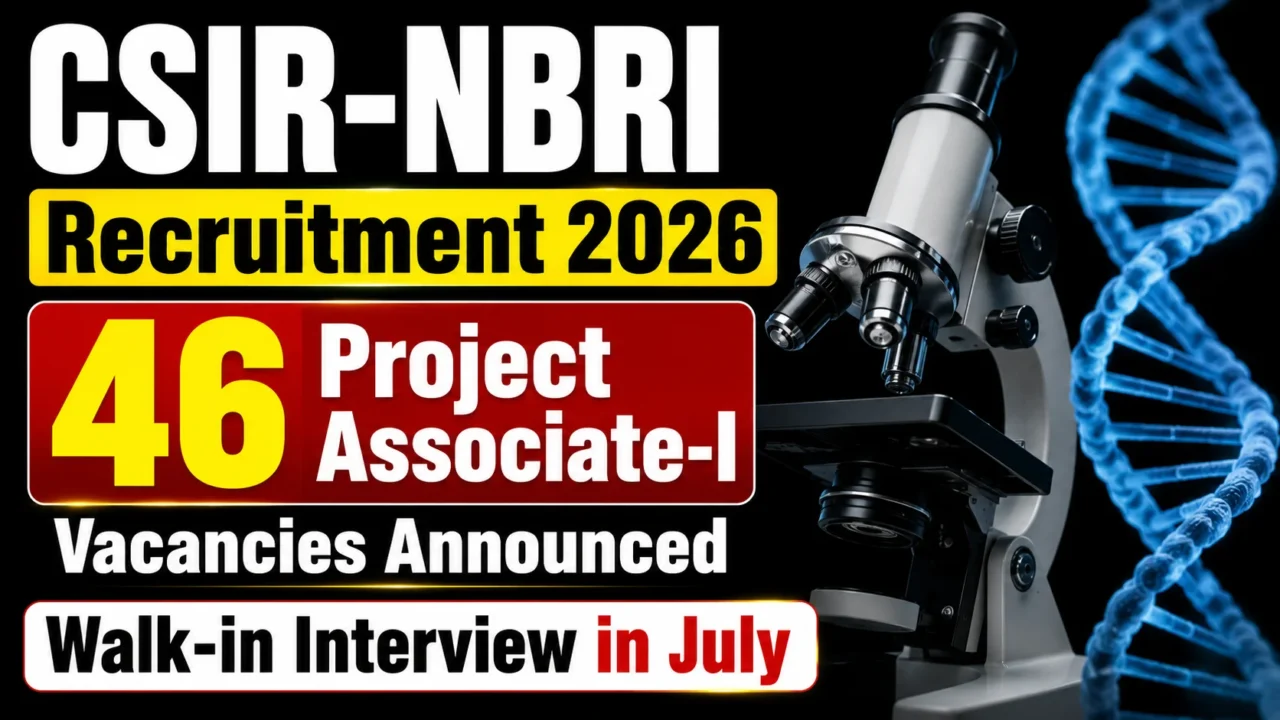 CSIR-NBRI Recruitment 2026 thumbnail showing 46 Project Associate-I vacancies announced with walk-in interview in July, featuring microscope and DNA graphics on a black background.