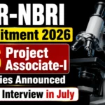 CSIR-NBRI Recruitment 2026 thumbnail showing 46 Project Associate-I vacancies announced with walk-in interview in July, featuring microscope and DNA graphics on a black background.