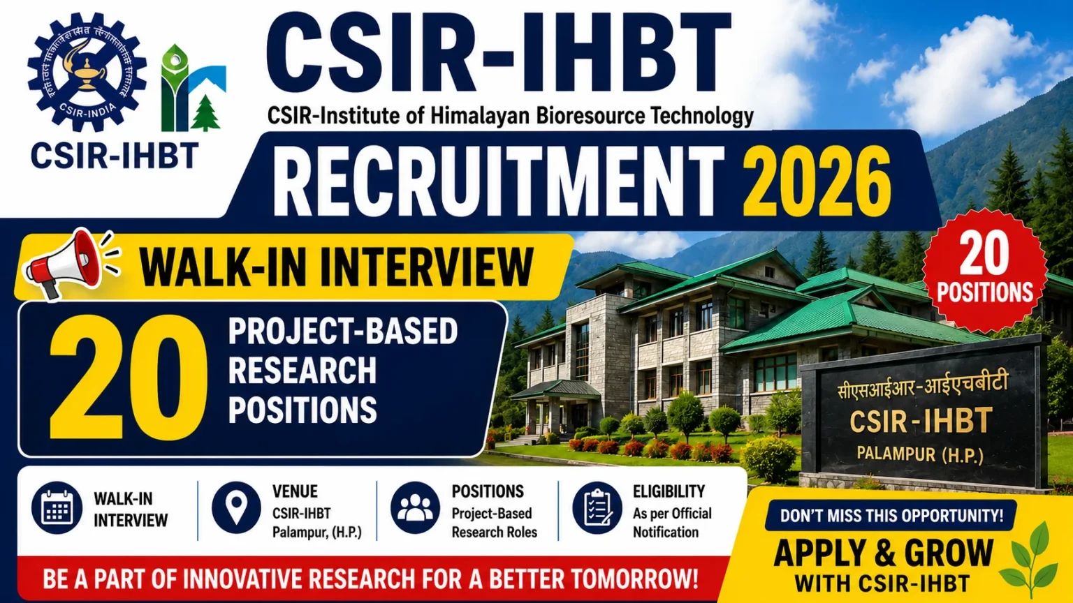 CSIR-IHBT Recruitment 2026 thumbnail featuring the CSIR-IHBT campus building, institute logo, Walk-in Interview announcement, and 20 Project-Based Research Positions highlighted in bold text.