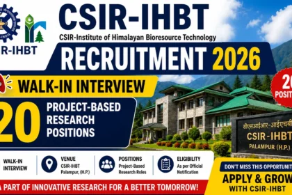 CSIR-IHBT Recruitment 2026 thumbnail featuring the CSIR-IHBT campus building, institute logo, Walk-in Interview announcement, and 20 Project-Based Research Positions highlighted in bold text.