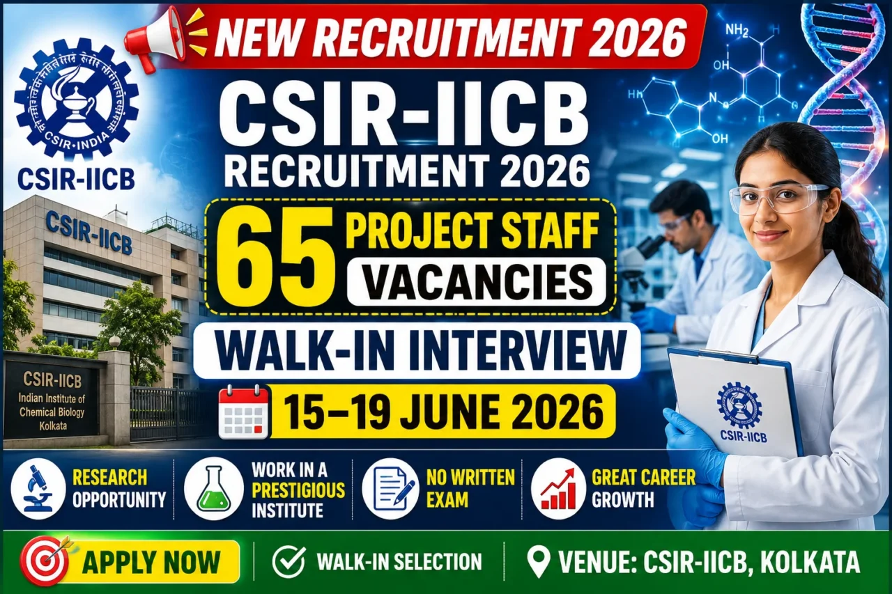YouTube thumbnail for CSIR-IICB Recruitment 2026 featuring 65 Project Staff vacancies, walk-in interview dates from 15–19 June 2026, CSIR-IICB building, laboratory researchers, DNA graphics, and a young scientist in a lab coat.