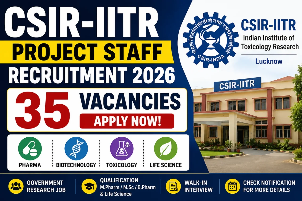 CSIR-IITR Project Staff Recruitment 2026 thumbnail showing 35 vacancies for Pharma, Biotechnology, Toxicology and Life Science candidates with CSIR-IITR building and recruitment announcement.