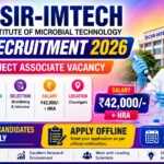 CSIR-IMTECH Recruitment 2026 thumbnail featuring Senior Project Associate Vacancy with a vibrant gradient background, laboratory scientist, CSIR-IMTECH building, Pharma Candidates Can Apply, and ₹42,000 + HRA salary highlight.