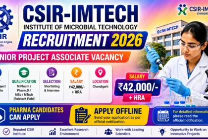 CSIR-IMTECH Recruitment 2026 thumbnail featuring Senior Project Associate Vacancy with a vibrant gradient background, laboratory scientist, CSIR-IMTECH building, Pharma Candidates Can Apply, and ₹42,000 + HRA salary highlight.