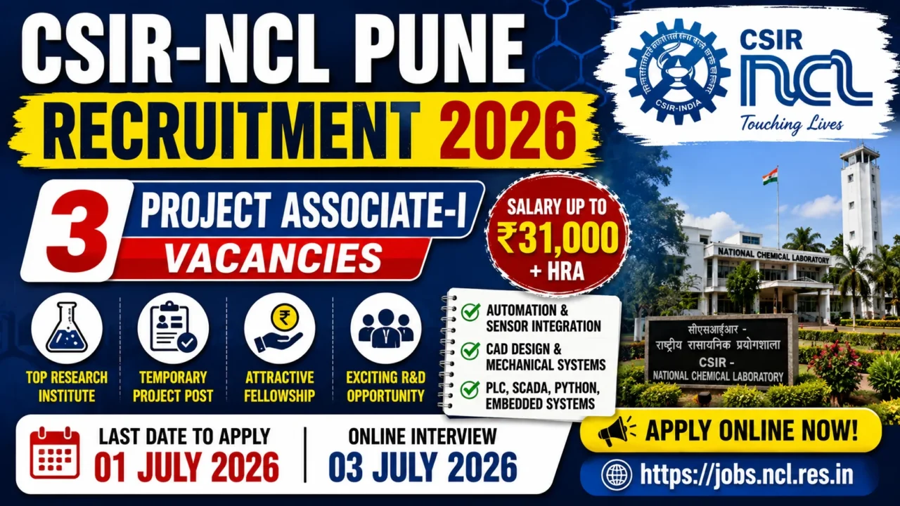 CSIR-NCL Pune Recruitment 2026 thumbnail highlighting 3 Project Associate-I vacancies with salary up to ₹31,000 plus HRA, application deadline 01 July 2026, and online interview details.