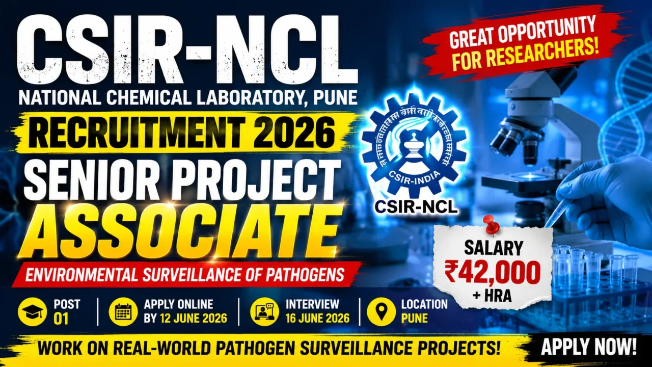 CSIR-NCL Recruitment 2026 thumbnail featuring Senior Project Associate vacancy in Environmental Surveillance of Pathogens. The design highlights ₹42,000 + HRA salary, Pune location, application deadline, interview date, and opportunities in Real-Time PCR and Next-Generation Sequencing research.