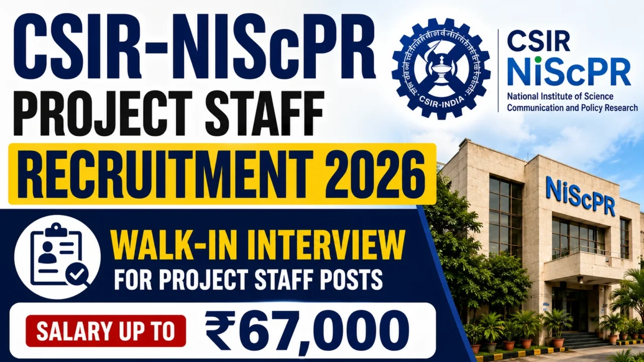 CSIR-NIScPR Project Staff Recruitment 2026 banner highlighting walk-in interview opportunities for Pharma, M.Pharm, Biotechnology, and Life Science candidates with salary up to ₹67,000.