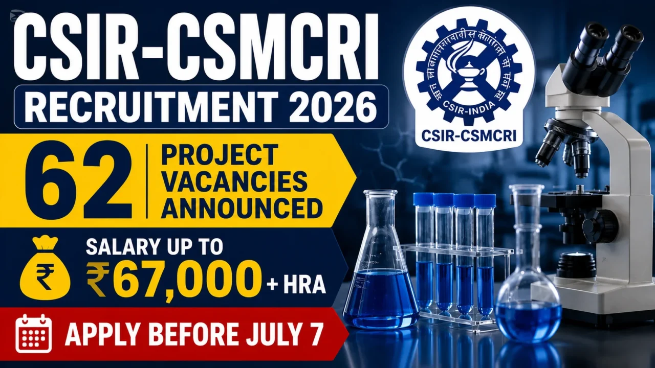 YouTube thumbnail for CSIR-CSMCRI Recruitment 2026 featuring laboratory equipment, microscope, test tubes, and scientific glassware on a dark blue background. The thumbnail highlights 62 project vacancies, salary up to ₹67,000 + HRA, and application deadline of July 7.