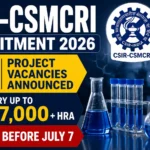 YouTube thumbnail for CSIR-CSMCRI Recruitment 2026 featuring laboratory equipment, microscope, test tubes, and scientific glassware on a dark blue background. The thumbnail highlights 62 project vacancies, salary up to ₹67,000 + HRA, and application deadline of July 7.