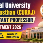 YouTube thumbnail for Central University of Rajasthan (CURAJ) Assistant Professor Recruitment 2026 featuring the CURAJ campus building, university logo, bold recruitment text, and walk-in interview announcement on a colorful gradient background.