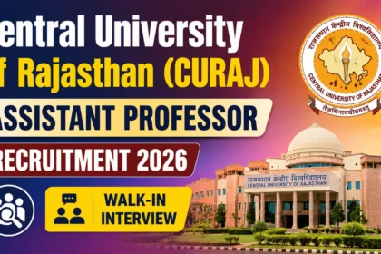 YouTube thumbnail for Central University of Rajasthan (CURAJ) Assistant Professor Recruitment 2026 featuring the CURAJ campus building, university logo, bold recruitment text, and walk-in interview announcement on a colorful gradient background.